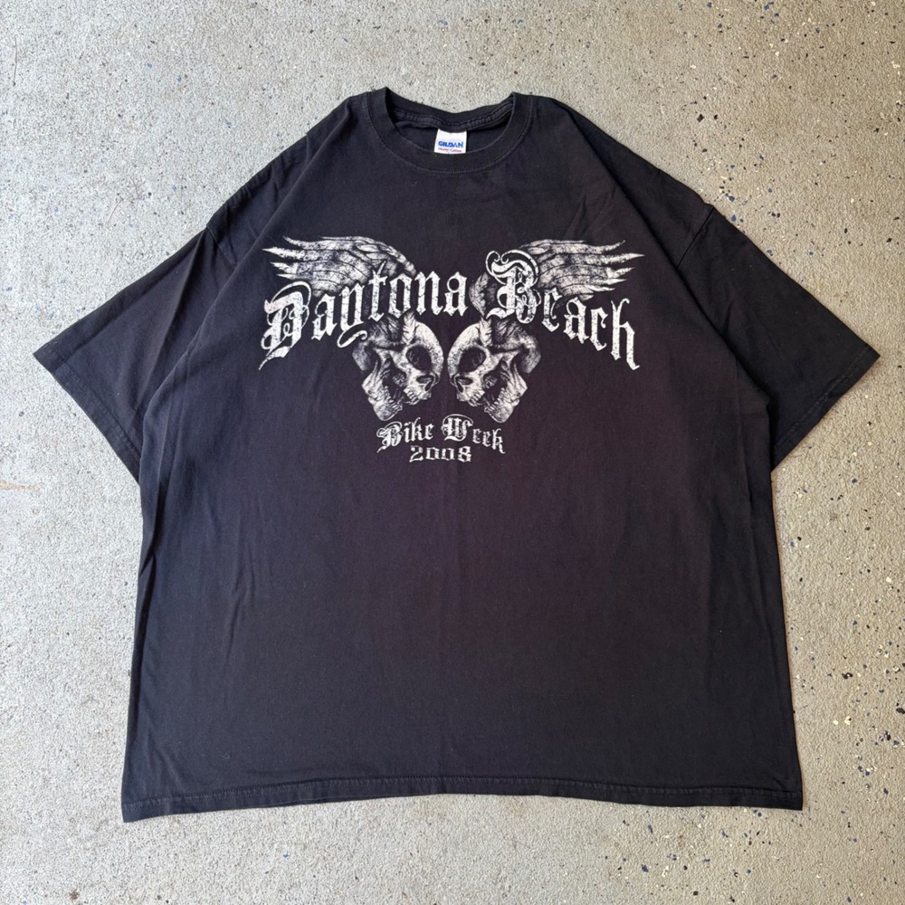 Y2K Gildan Mens 2008 Daytona Beach Bike Week Skull Wing Graphic TShirt Black 3XL